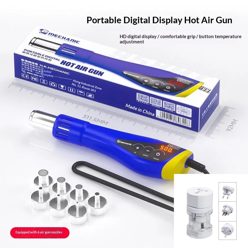 Blue small hand-held temperature-adjustable electric plastic film blower with digital display and six nozzles