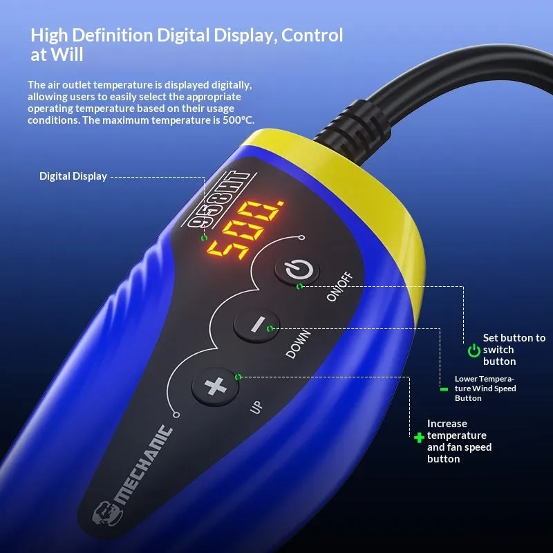 Blue small hand-held temperature-adjustable electric plastic film blower with digital display and six nozzles