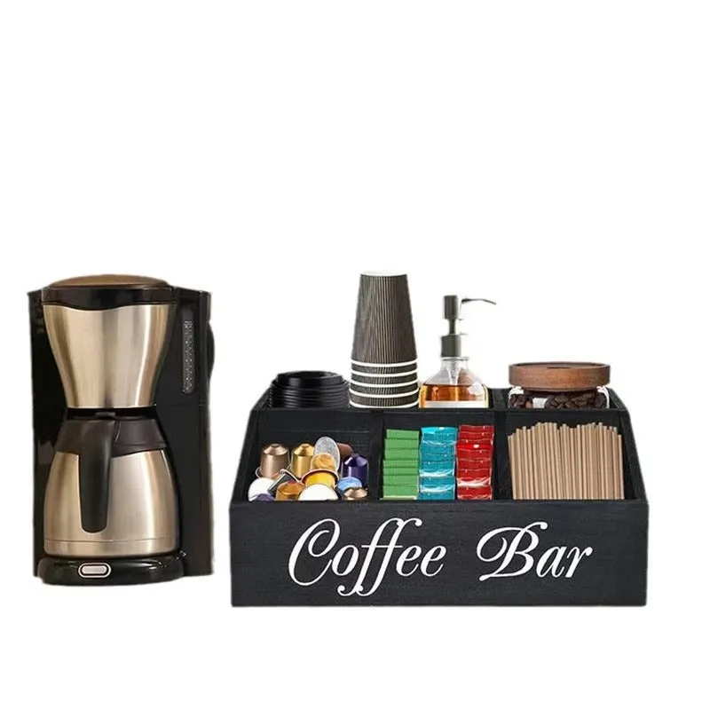 Wooden grid coffee pod storage box with compartments for remote control and stationery in black