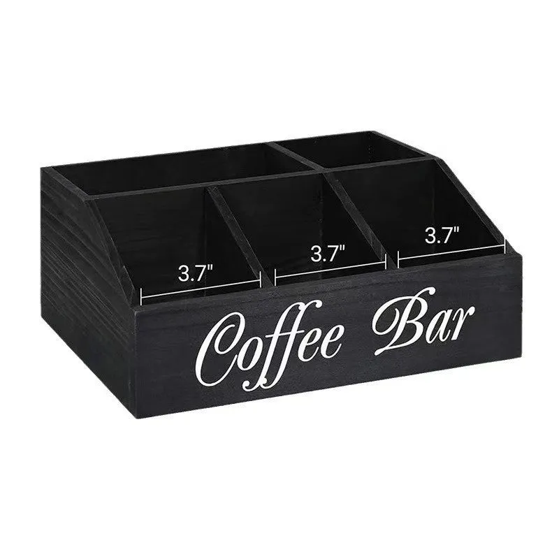 Wooden grid coffee pod storage box with compartments for remote control and stationery in black