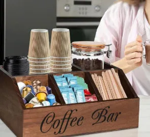 Wooden grid coffee pod storage box with compartments for remote control and stationery in black