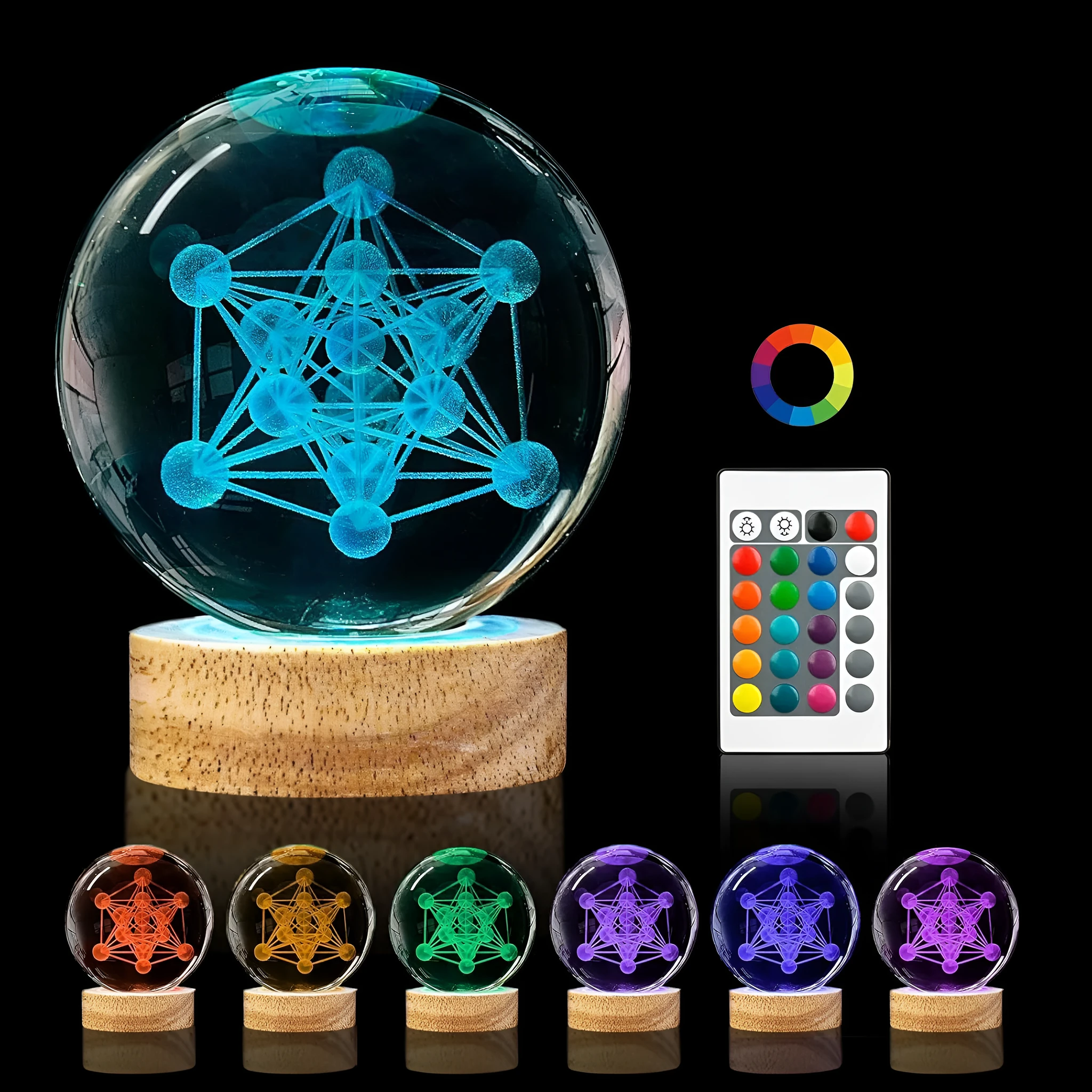 Glowing 3D spherical crystal ball lamp with remote control, 16 colours, plug-in model, planet design