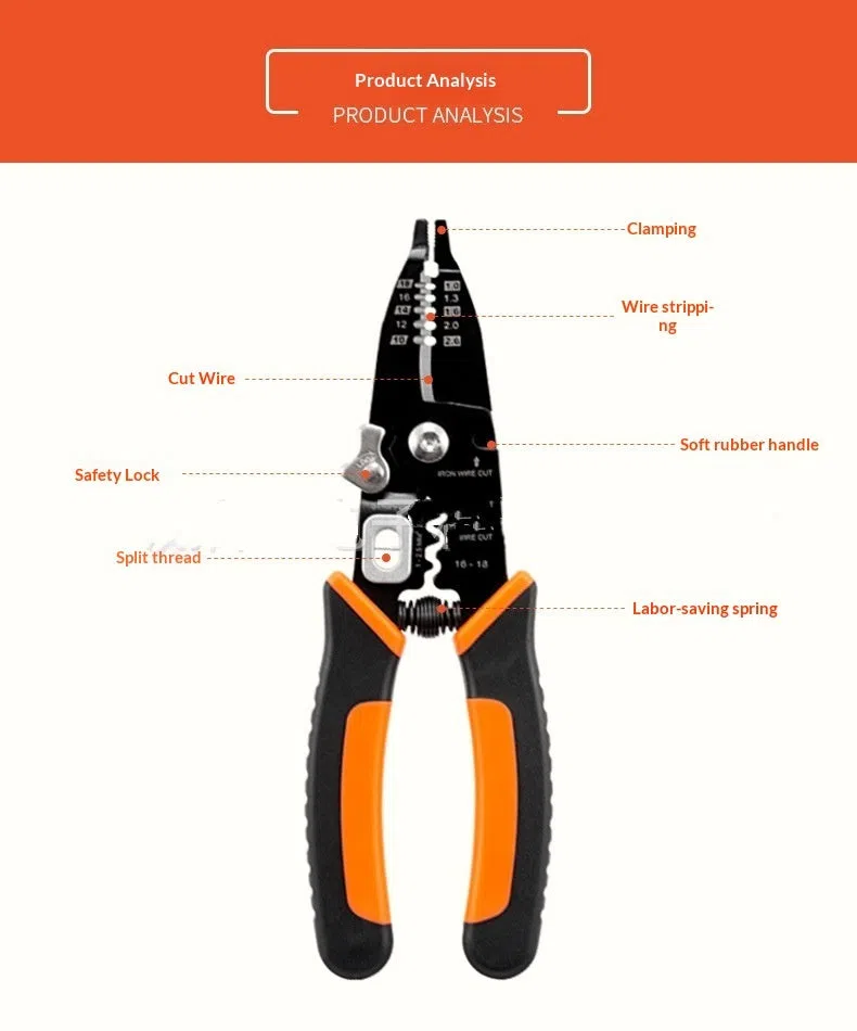 Orange multi-functional wire stripper with 65# steel clamp body and PVC handle for AWG 10-18 stripping
