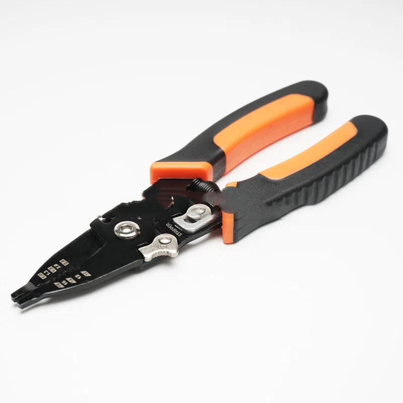 Orange multi-functional wire stripper with 65# steel clamp body and PVC handle for AWG 10-18 stripping