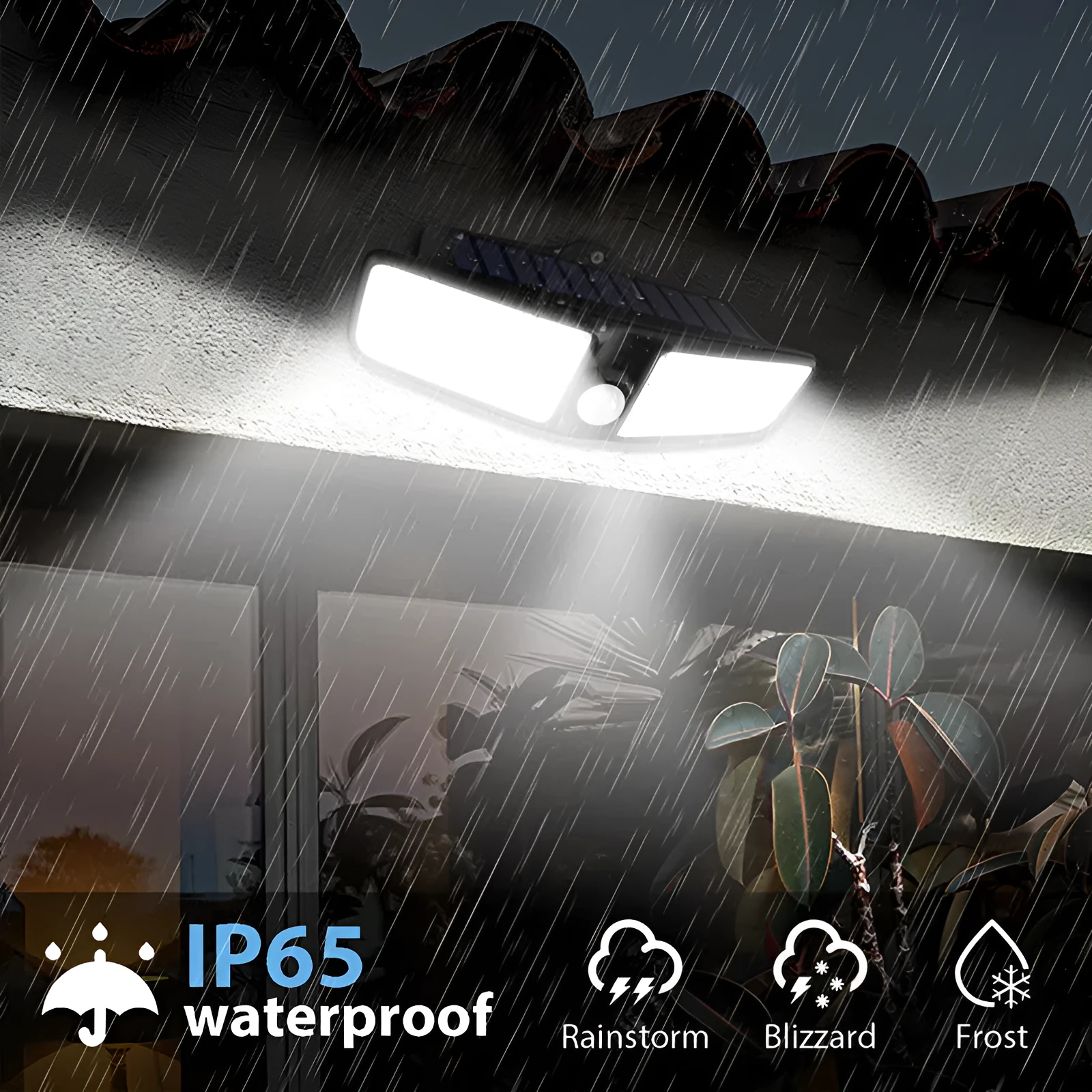 Outdoor solar wall lamp with 100 LEDs, IP65 waterproof, automatic dusk-to-dawn operation for garden and patio lighting