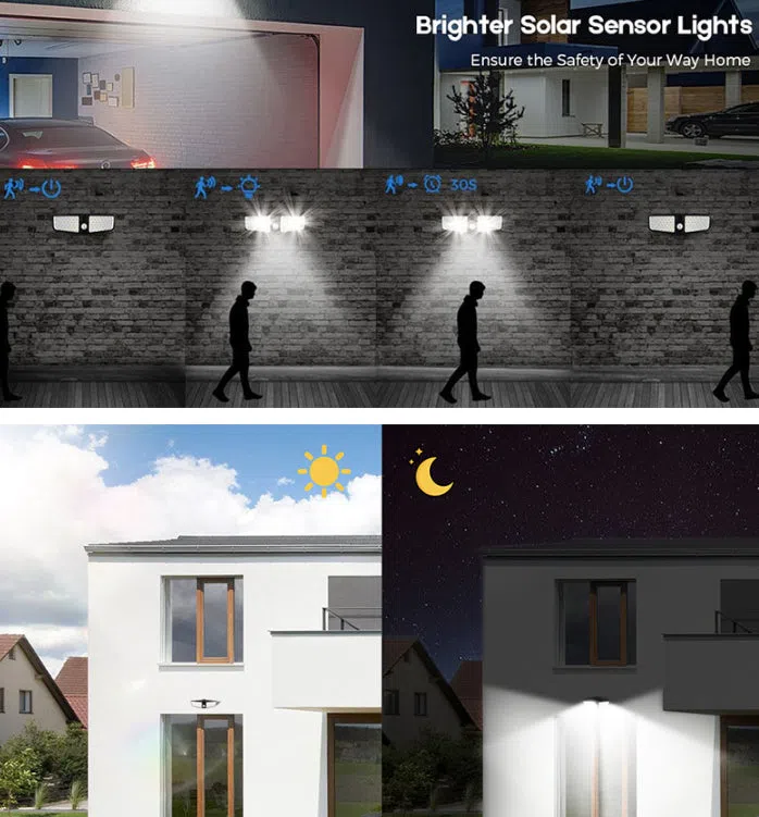 Outdoor solar wall lamp with 100 LEDs, IP65 waterproof, automatic dusk-to-dawn operation for garden and patio lighting