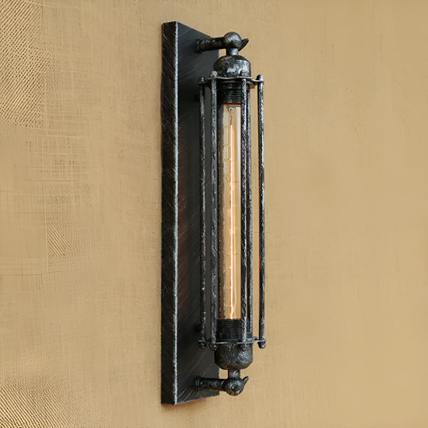Industrial retro iron wall lamp in a vertical flute design, shown in a choice of metallic finishes.