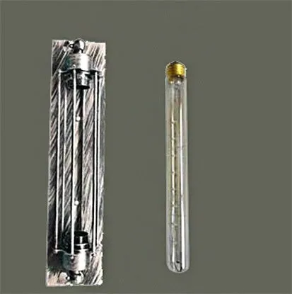Industrial retro iron wall lamp in a vertical flute design, shown in a choice of metallic finishes.