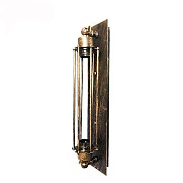 Industrial retro iron wall lamp in a vertical flute design, shown in a choice of metallic finishes.