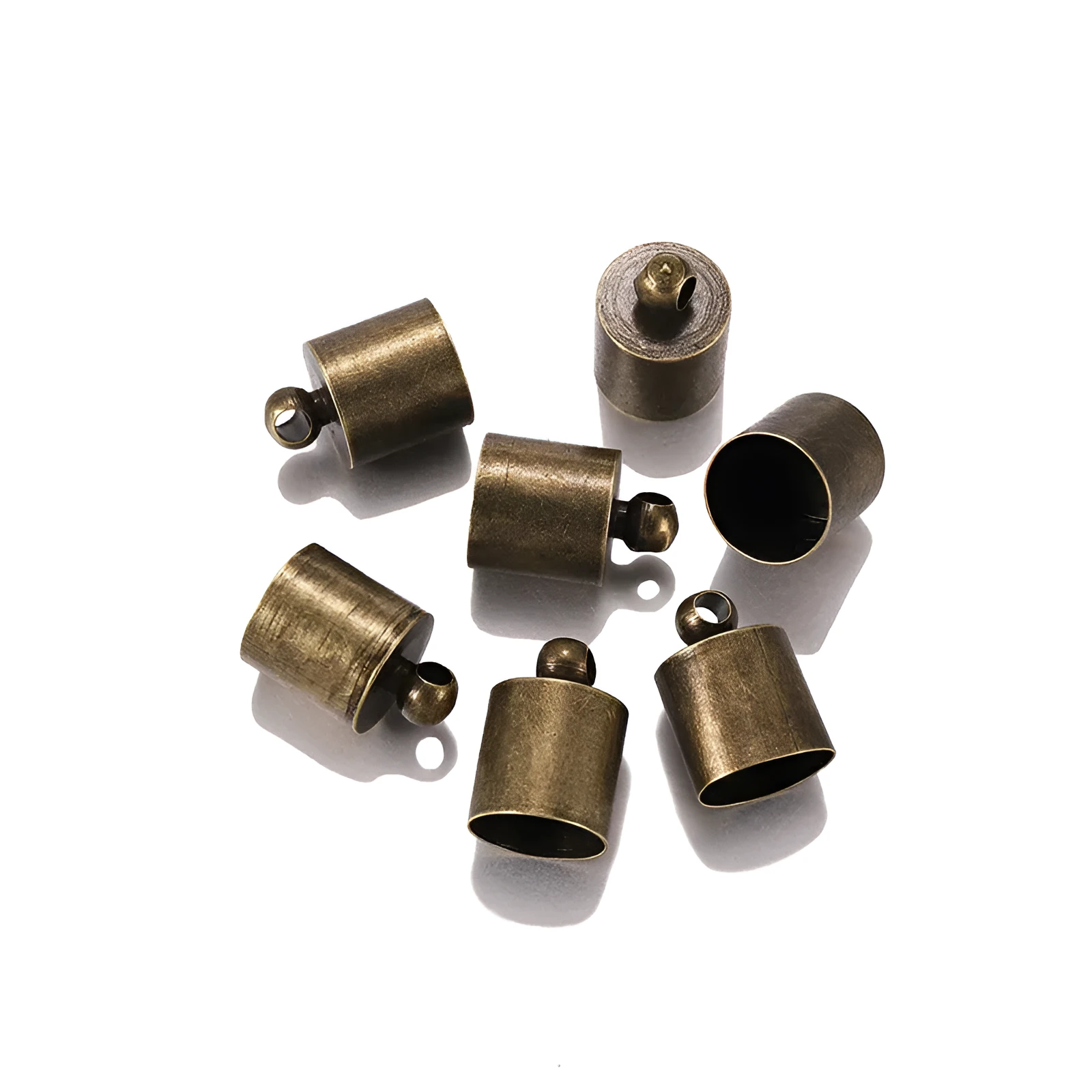 50 copper caps in electroplated finish for jewellery making, showing size variations from 3x8mm to 12x15mm