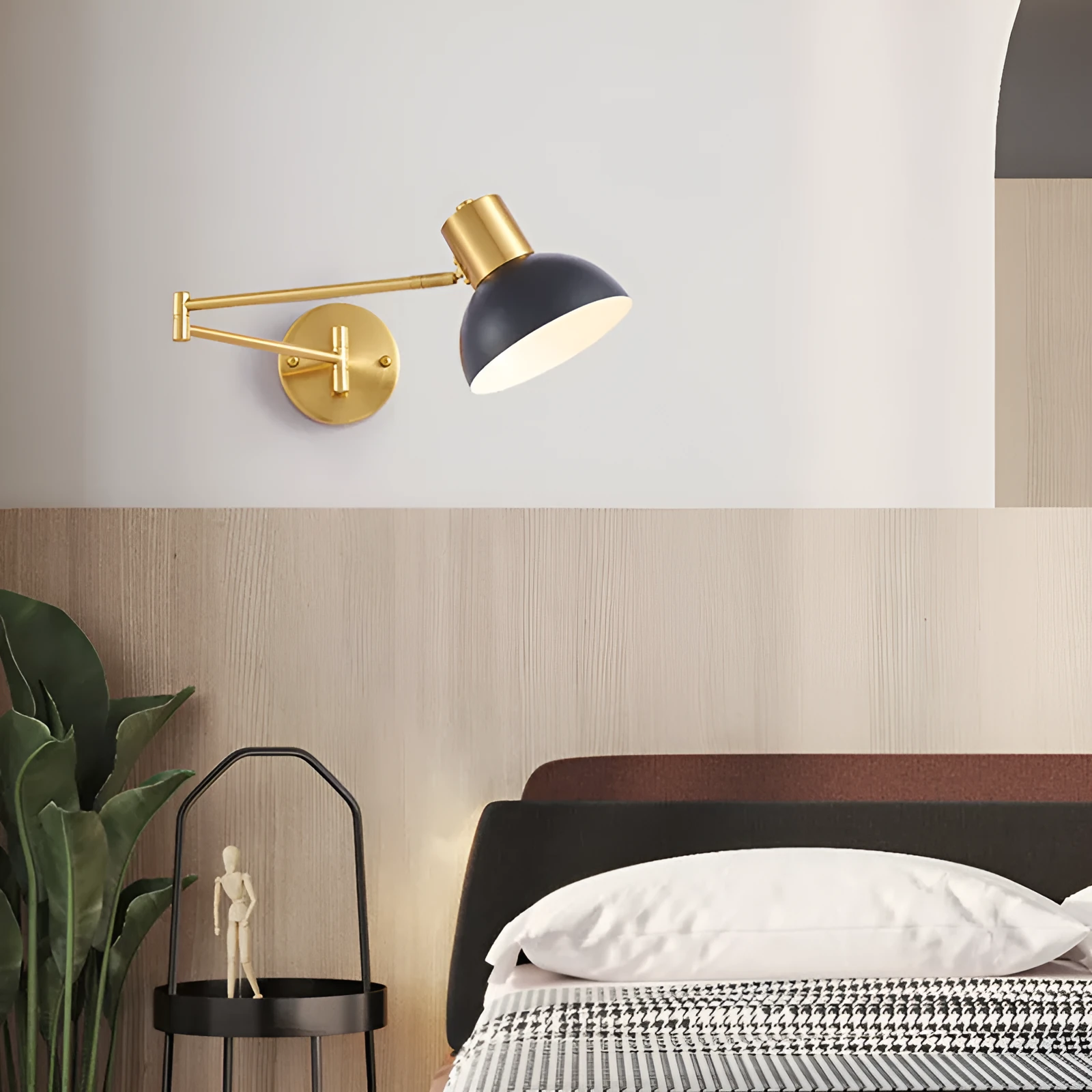 Modern double-section rocker arm wall lamp in a minimalist style mounted on a wall.