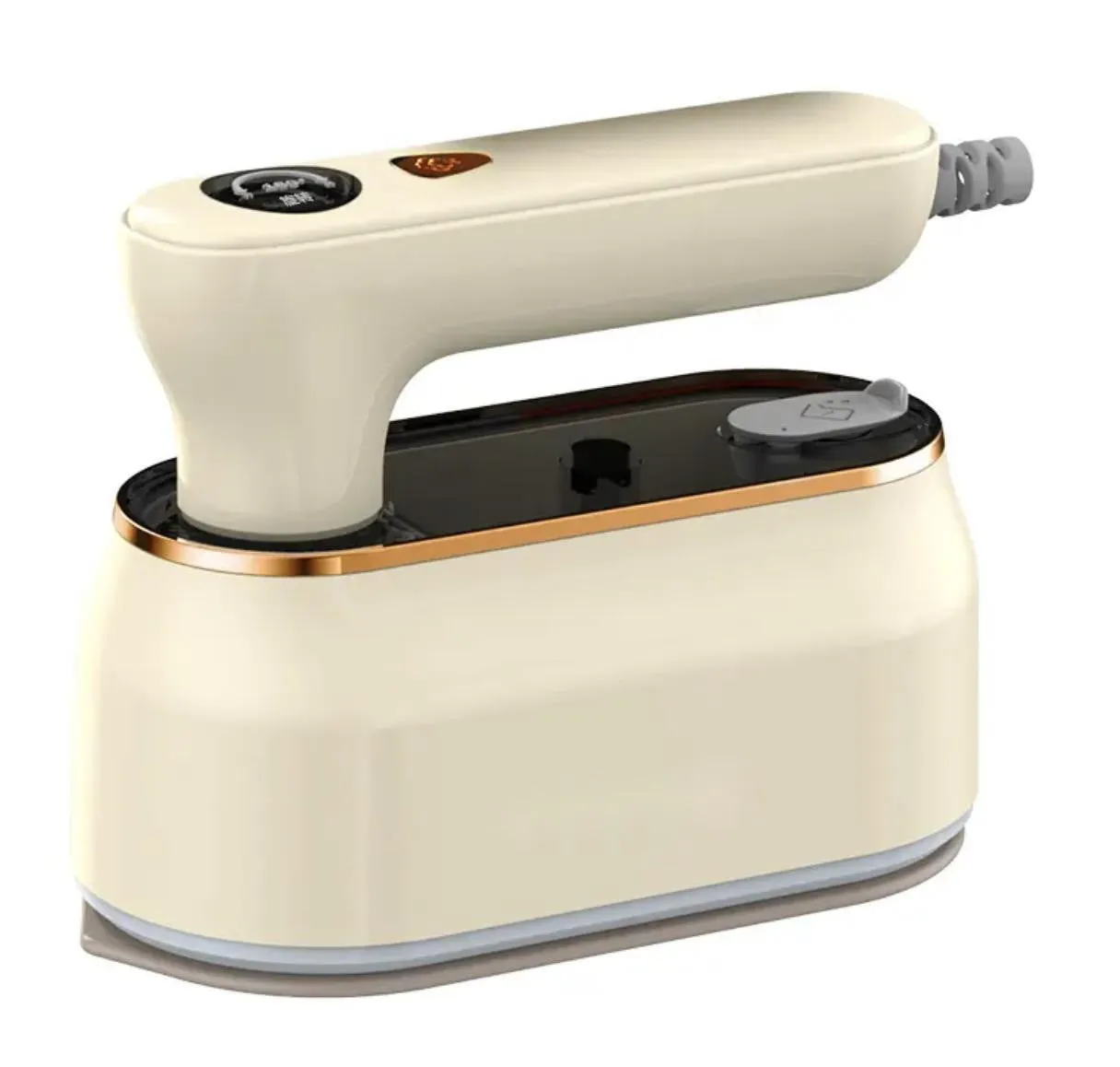 Milky white foldable portable steam iron with ceramic soleplate and international plug adaptors.