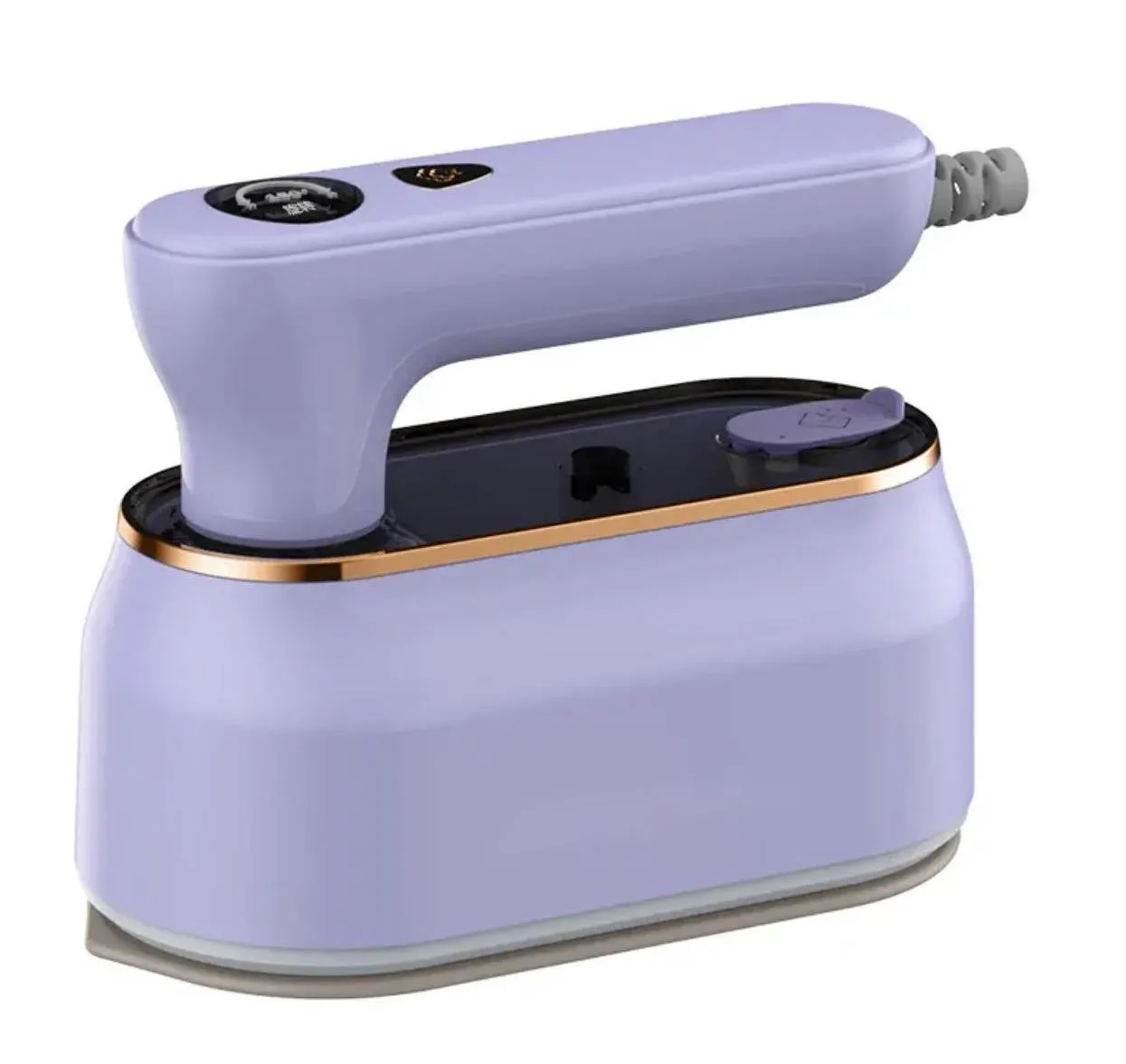 Milky white foldable portable steam iron with ceramic soleplate and international plug adaptors.