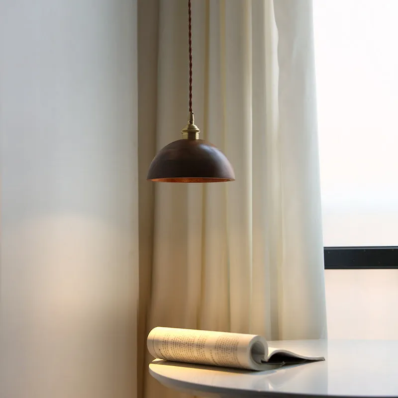 Black walnut and copper single-head droplight chandelier pendant light fixture.