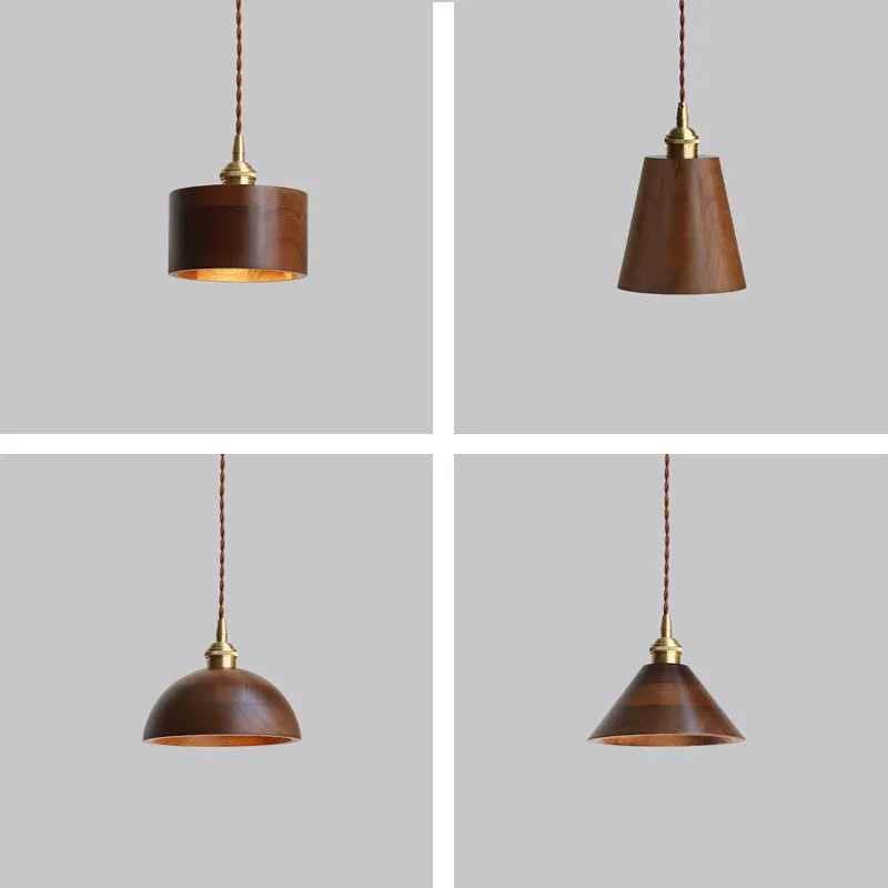 Black walnut and copper single-head droplight chandelier pendant light fixture.