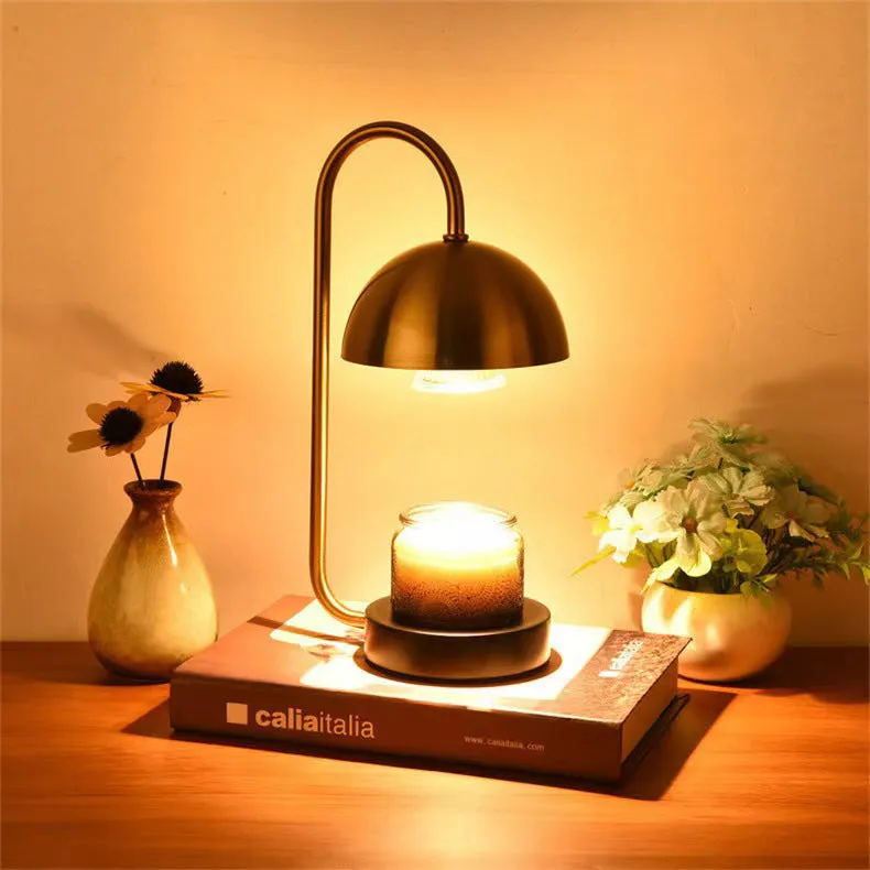 Solid wood aromatherapy wax melting lamp with dimmer knob on a wooden table