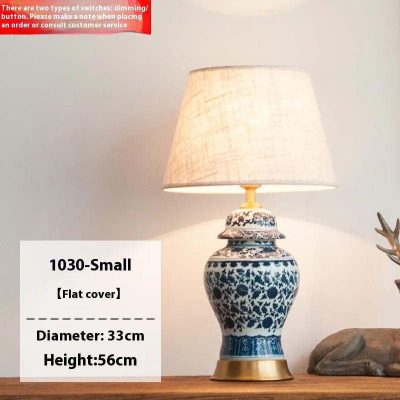 Chinese blue and white porcelain table lamp with handmade ceramic base and cloth shade