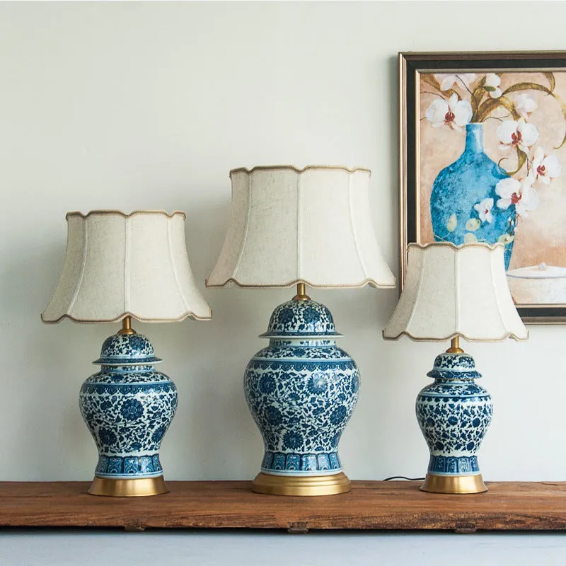 Chinese blue and white porcelain table lamp with handmade ceramic base and cloth shade