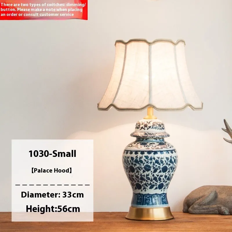 Chinese blue and white porcelain table lamp with handmade ceramic base and cloth shade
