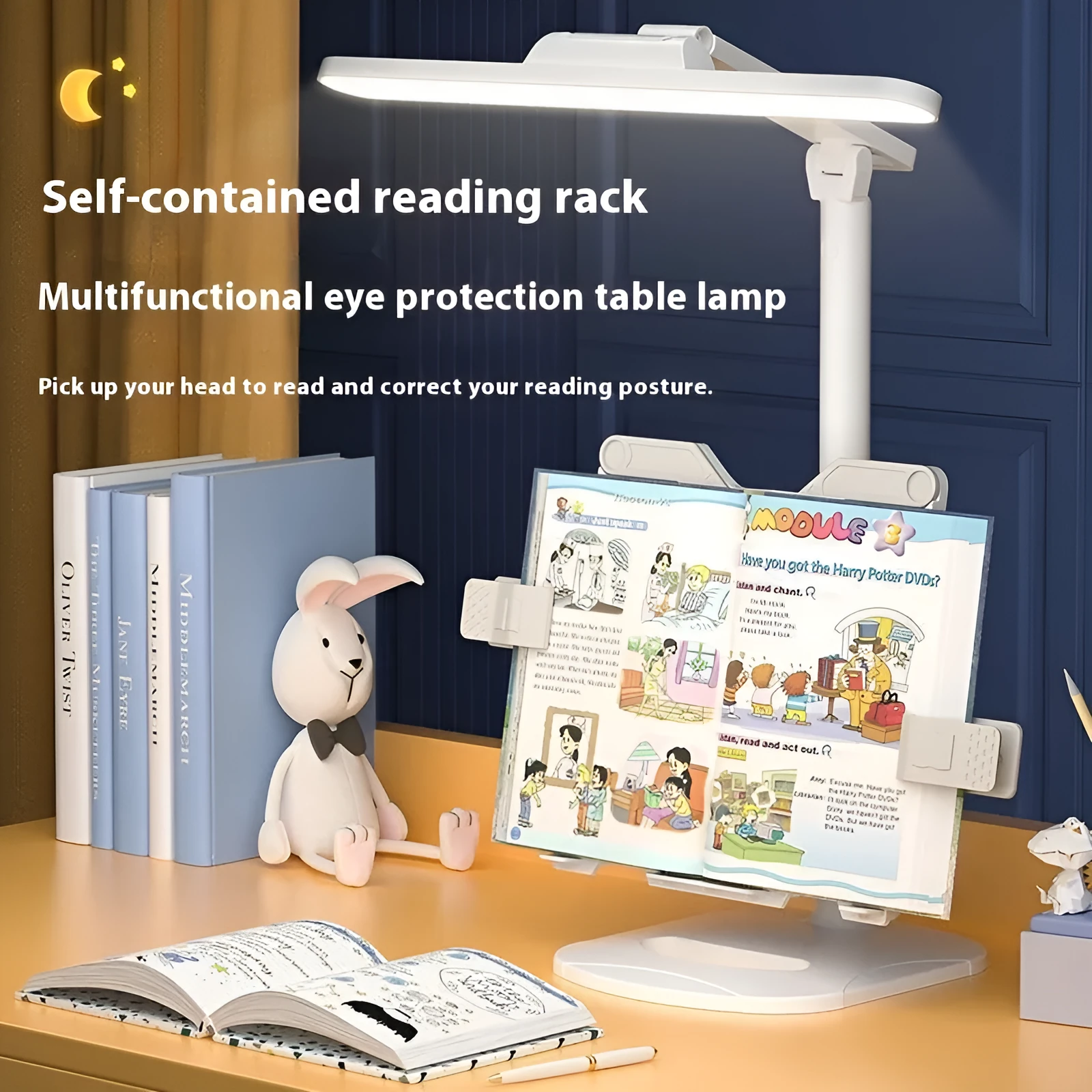 Adjustable black desk lamp with gooseneck arm and clamp, showing three light colour temperature settings.
