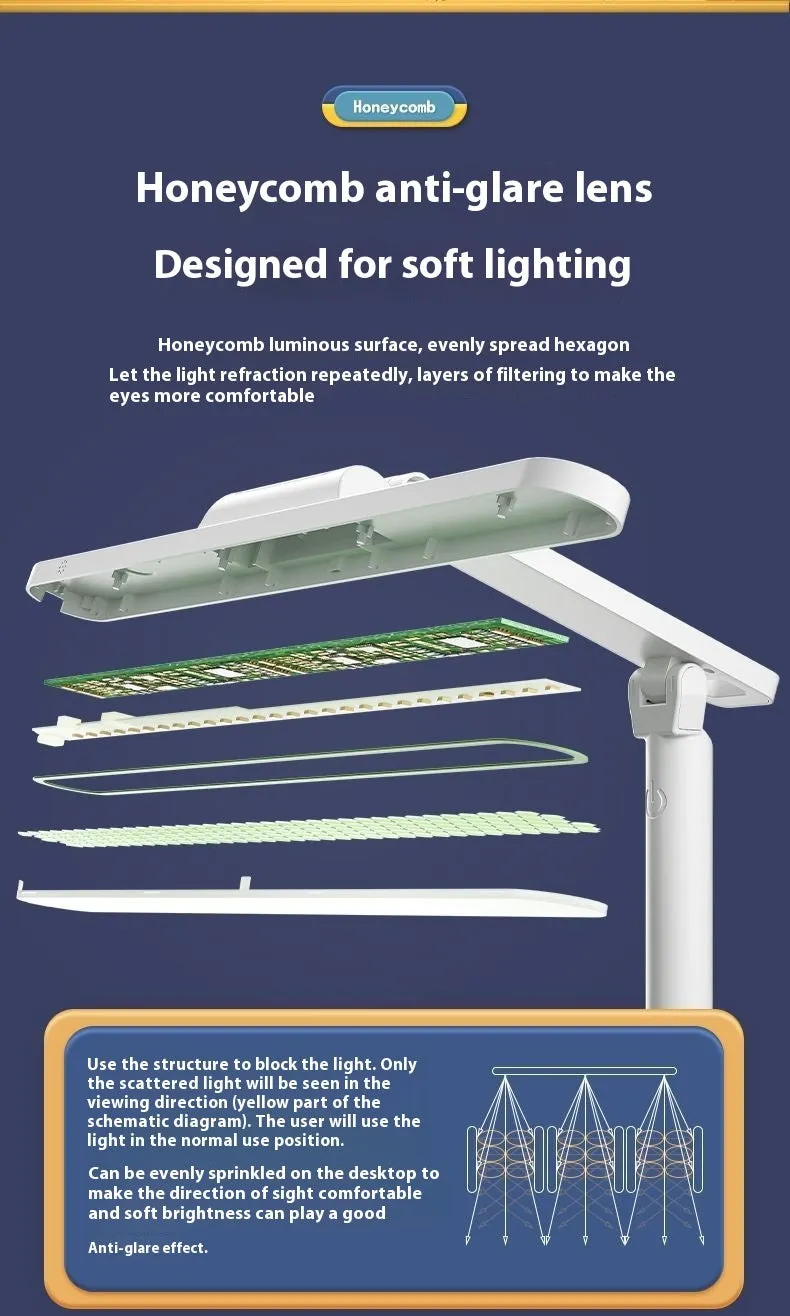 Adjustable black desk lamp with gooseneck arm and clamp, showing three light colour temperature settings.