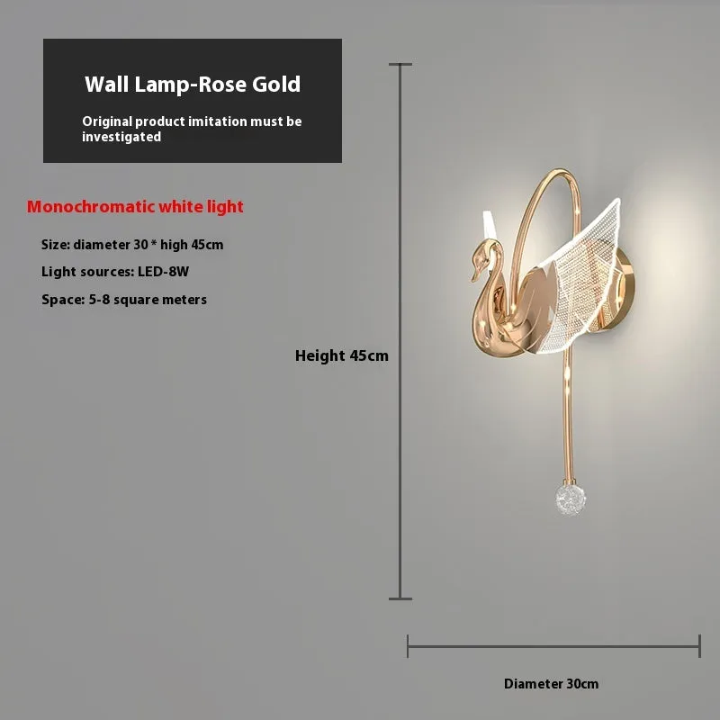 Gold modern swan-shaped bedside wall lamp with acrylic shade and dimmable LED lighting.