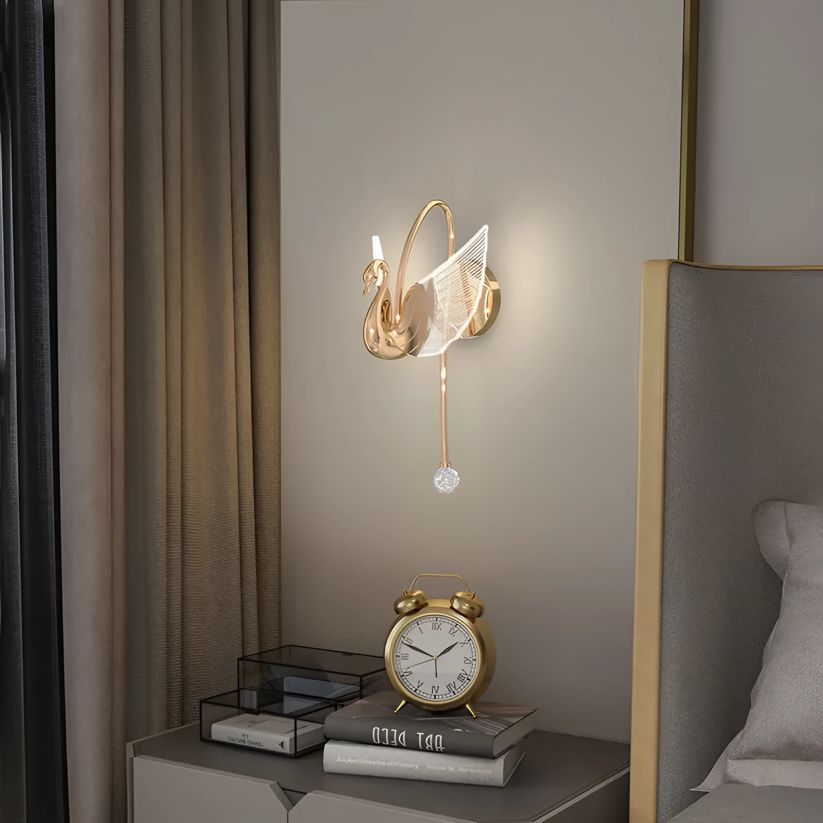 Gold modern swan-shaped bedside wall lamp with acrylic shade and dimmable LED lighting.
