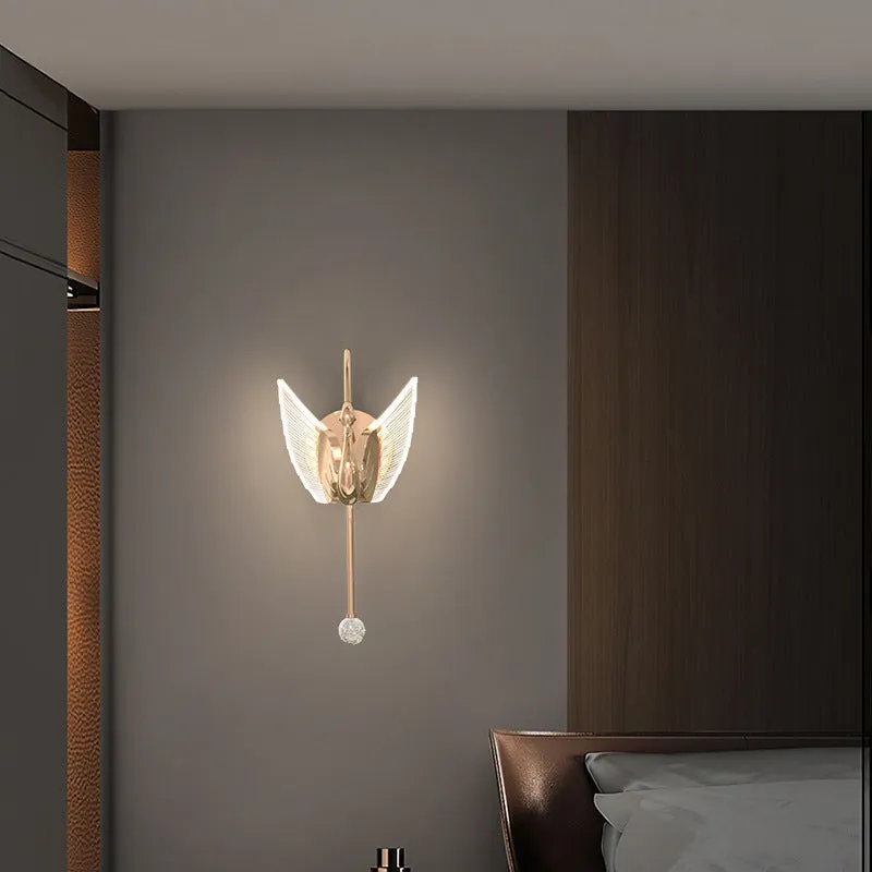 Gold modern swan-shaped bedside wall lamp with acrylic shade and dimmable LED lighting.