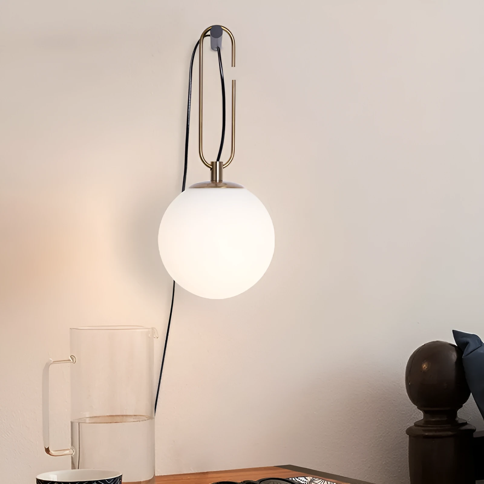 Nordic modern glass wall lamp mounted on a wall with three light colour temperature options displayed.