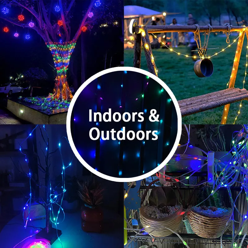10-metre long flexible LED light string with 100 multi-colour bulbs lit up in a garden setting.