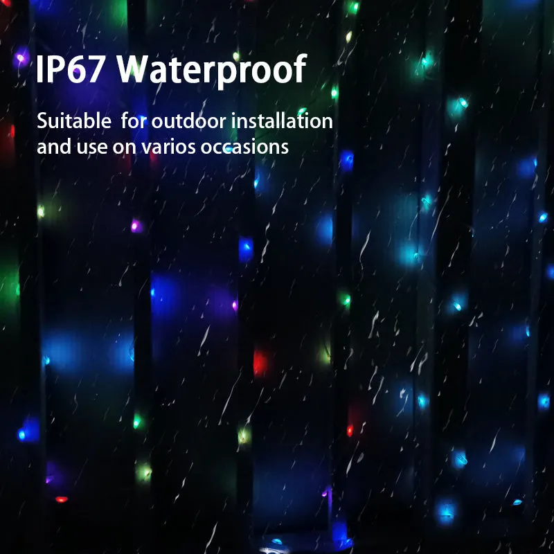 10-metre long flexible LED light string with 100 multi-colour bulbs lit up in a garden setting.