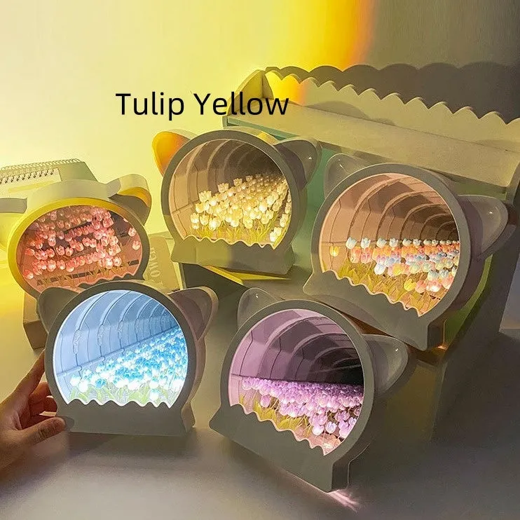 DIY cat head shaped night lamp kit with colourful tulip flowers for self-assembly