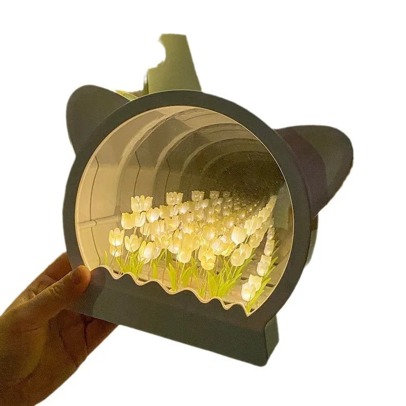 DIY cat head shaped night lamp kit with colourful tulip flowers for self-assembly