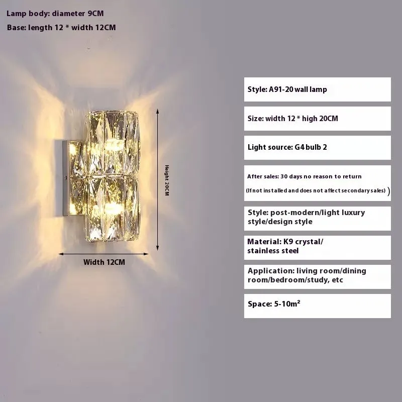 A sleek crystal wall lamp with a stainless steel base in chrome finish, mounted on a wall.