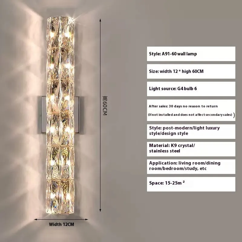 A sleek crystal wall lamp with a stainless steel base in chrome finish, mounted on a wall.