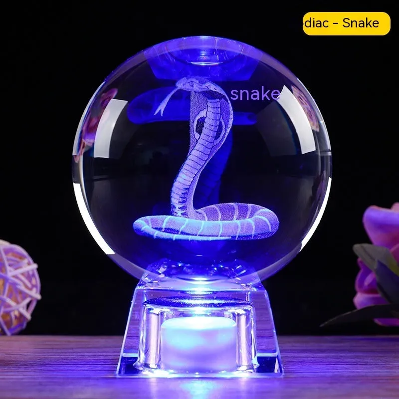 White crystal zodiac decorative ball with Chinese animal design and electronic base in 6cm or 8cm size options