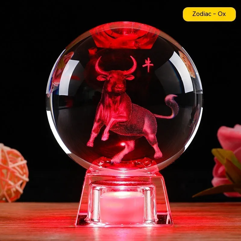 White crystal zodiac decorative ball with Chinese animal design and electronic base in 6cm or 8cm size options