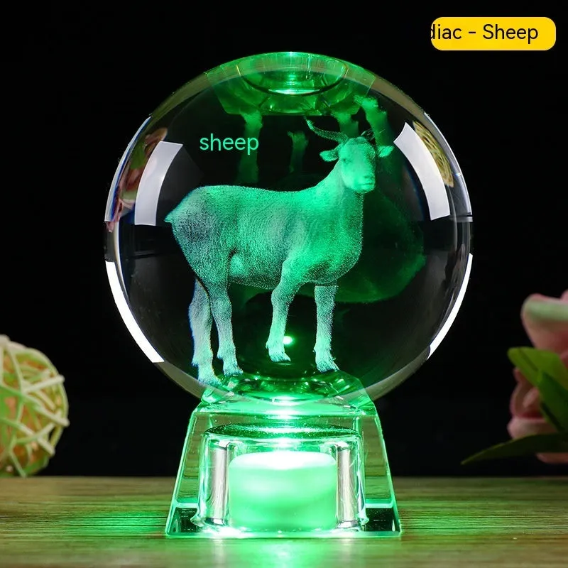 White crystal zodiac decorative ball with Chinese animal design and electronic base in 6cm or 8cm size options