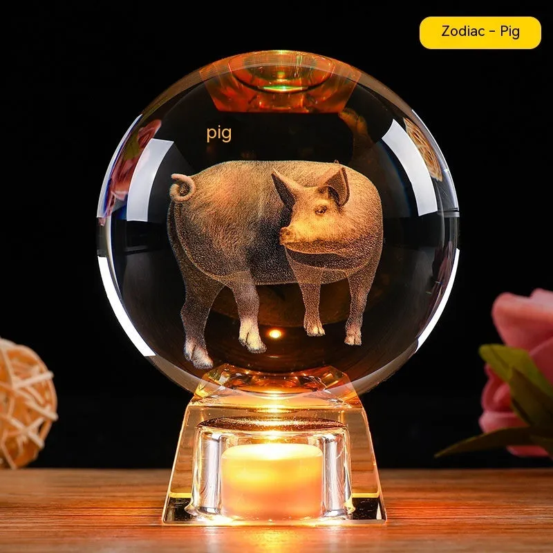 White crystal zodiac decorative ball with Chinese animal design and electronic base in 6cm or 8cm size options