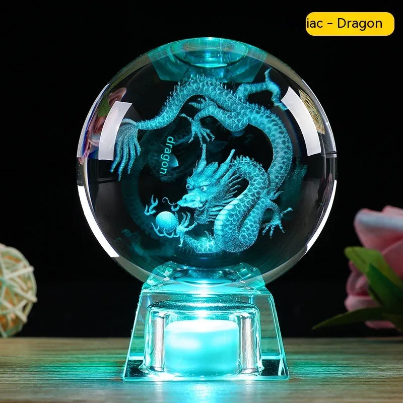 White crystal zodiac decorative ball with Chinese animal design and electronic base in 6cm or 8cm size options