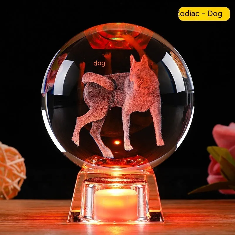 White crystal zodiac decorative ball with Chinese animal design and electronic base in 6cm or 8cm size options