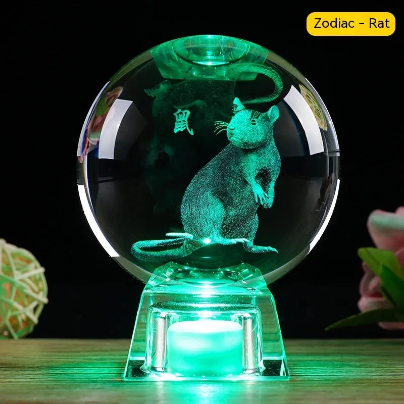 White crystal zodiac decorative ball with Chinese animal design and electronic base in 6cm or 8cm size options