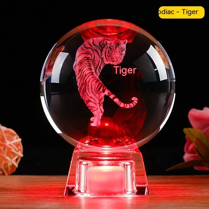 White crystal zodiac decorative ball with Chinese animal design and electronic base in 6cm or 8cm size options