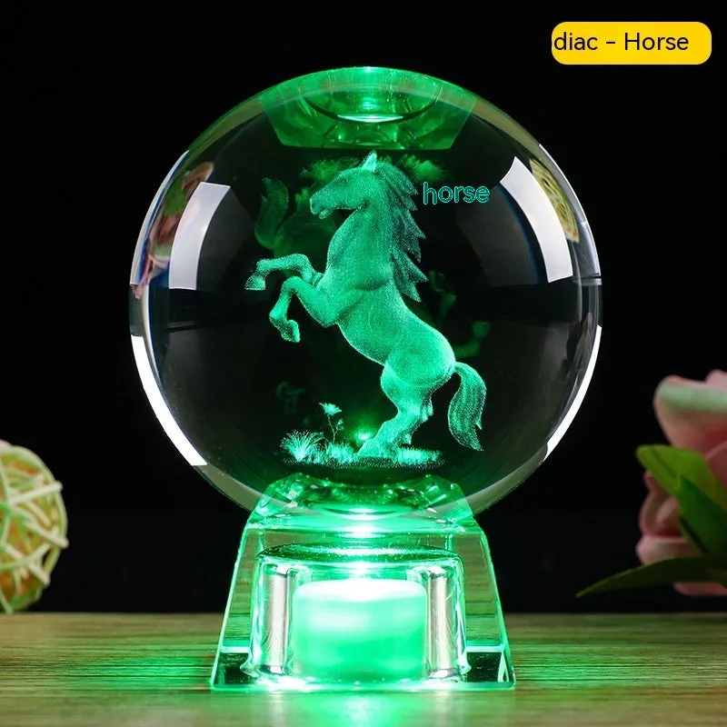 White crystal zodiac decorative ball with Chinese animal design and electronic base in 6cm or 8cm size options