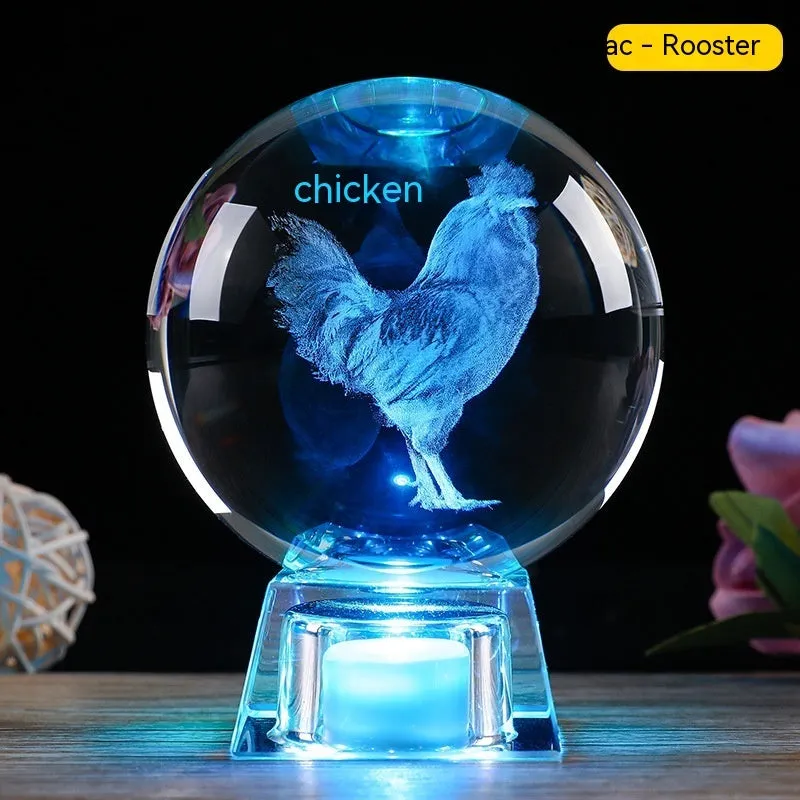White crystal zodiac decorative ball with Chinese animal design and electronic base in 6cm or 8cm size options