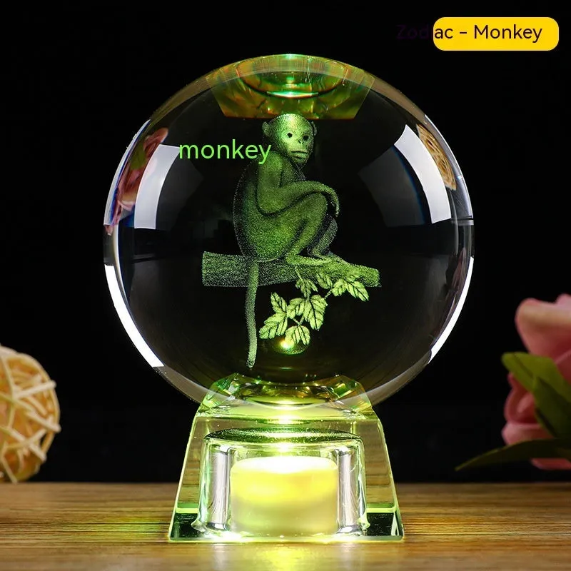White crystal zodiac decorative ball with Chinese animal design and electronic base in 6cm or 8cm size options