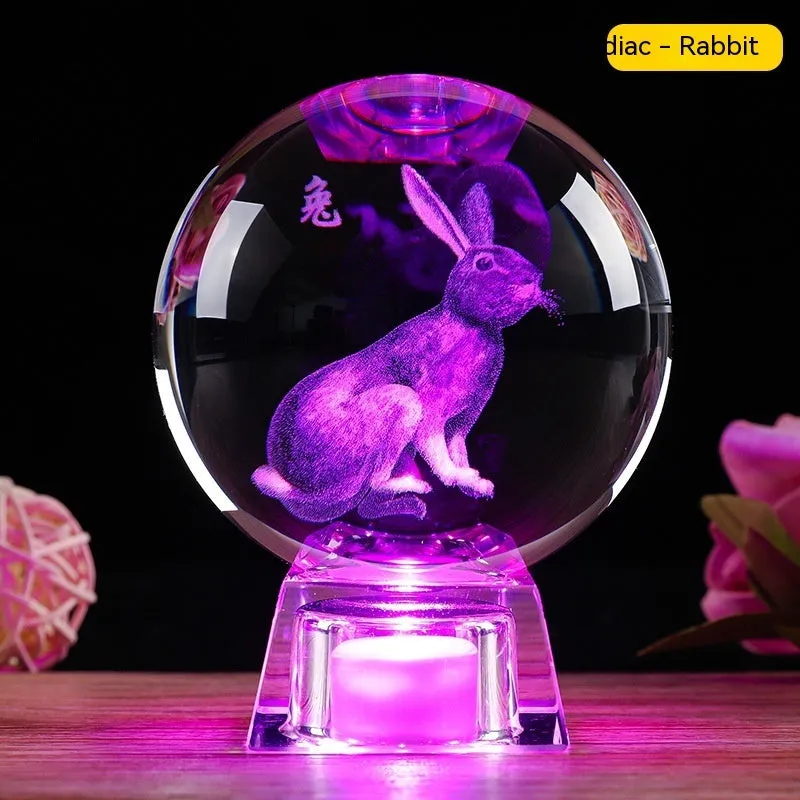 White crystal zodiac decorative ball with Chinese animal design and electronic base in 6cm or 8cm size options