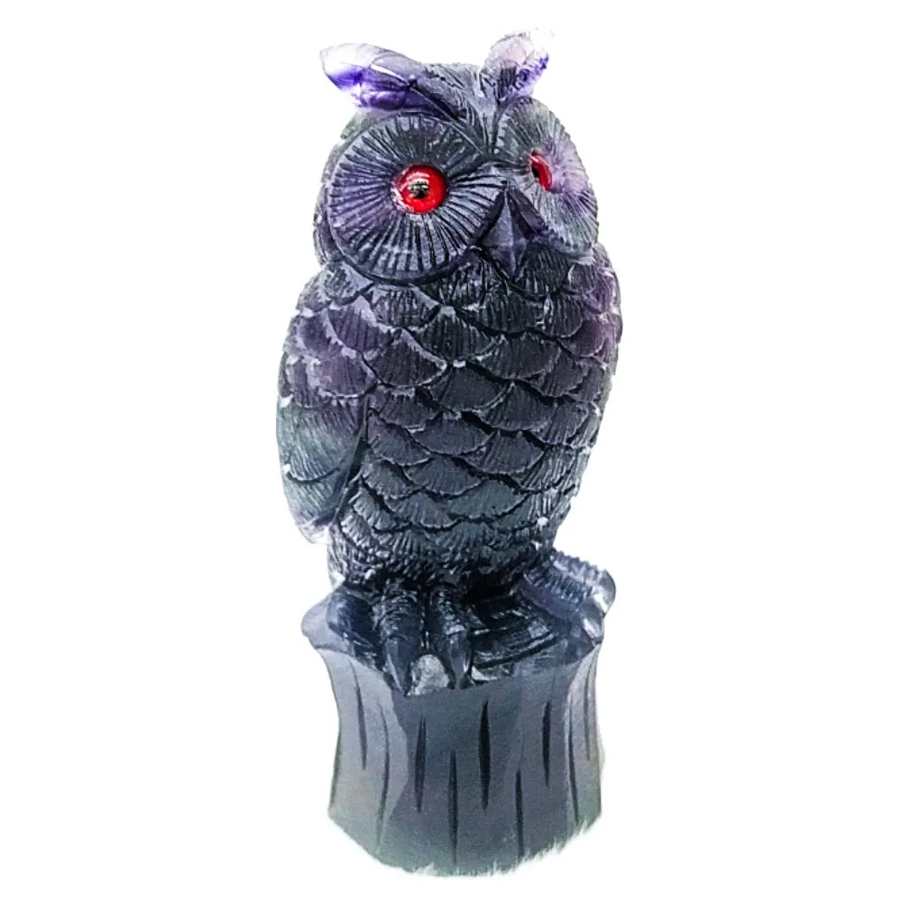Purple fluorite hand-carved owl ornament measuring approximately 4 inches