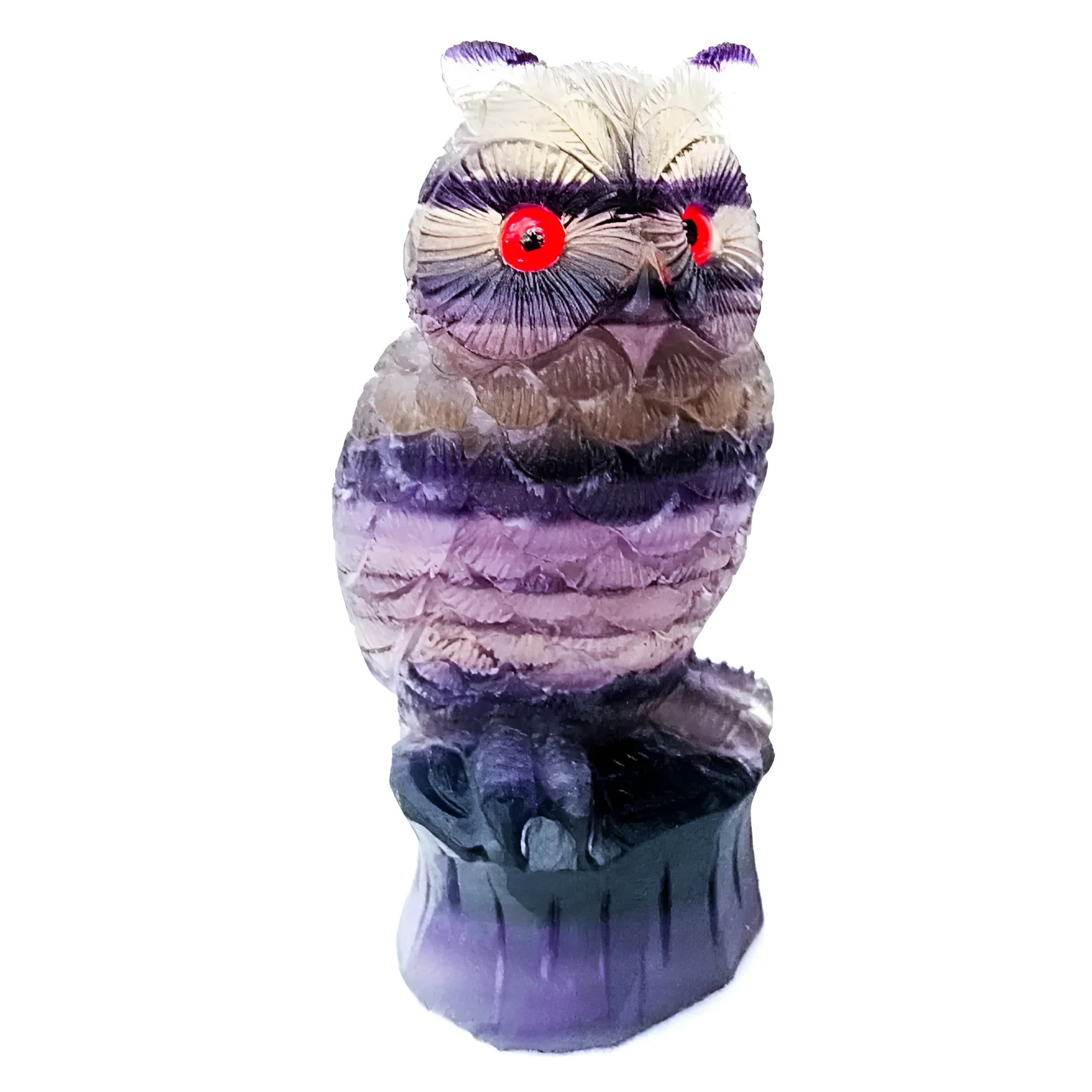 Purple fluorite hand-carved owl ornament measuring approximately 4 inches