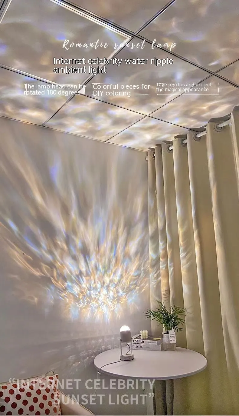 Dynamic water ripple ambience table lamp with metal lamp holder showing light pattern effects